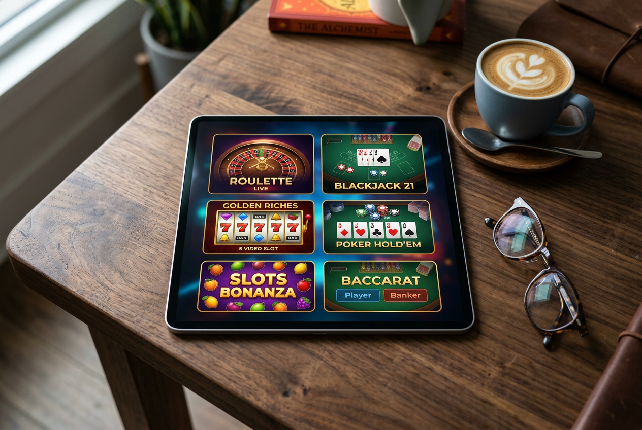 A variety of casino game icons displayed on a tablet screen.