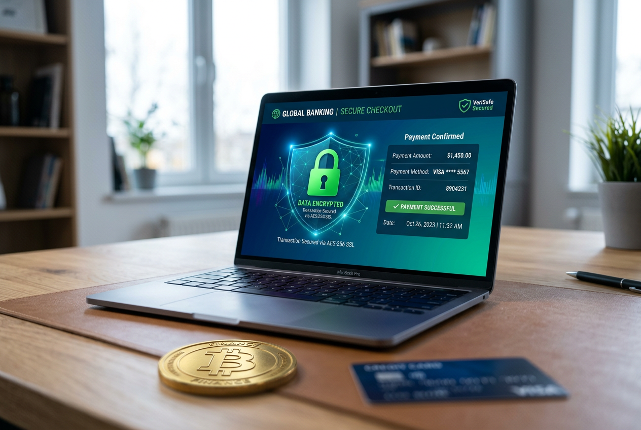 A laptop showing secure payment icons and digital safety shields.