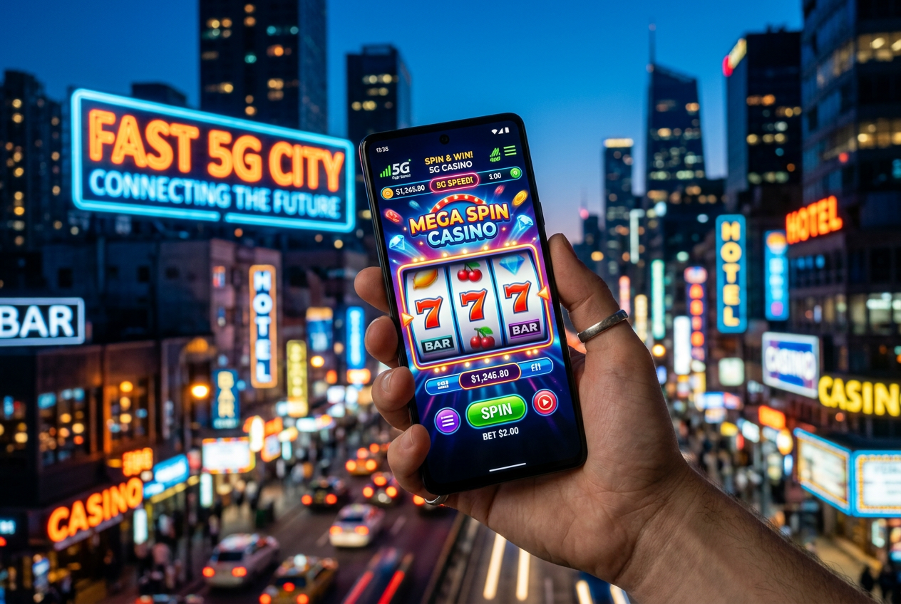 Smartphone showcasing a high-speed casino game on a 5G network