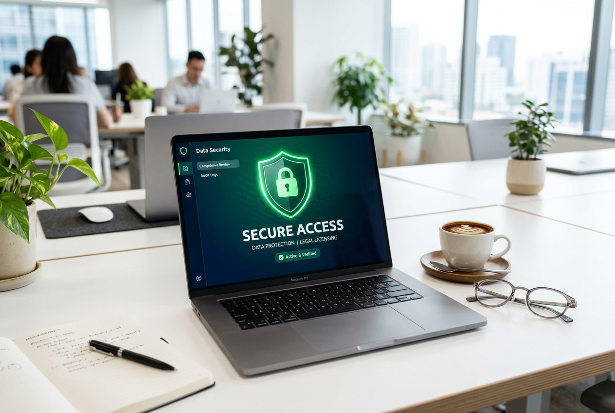 A laptop screen showing a security certificate and a digital shield icon symbolizing legal gambling compliance.