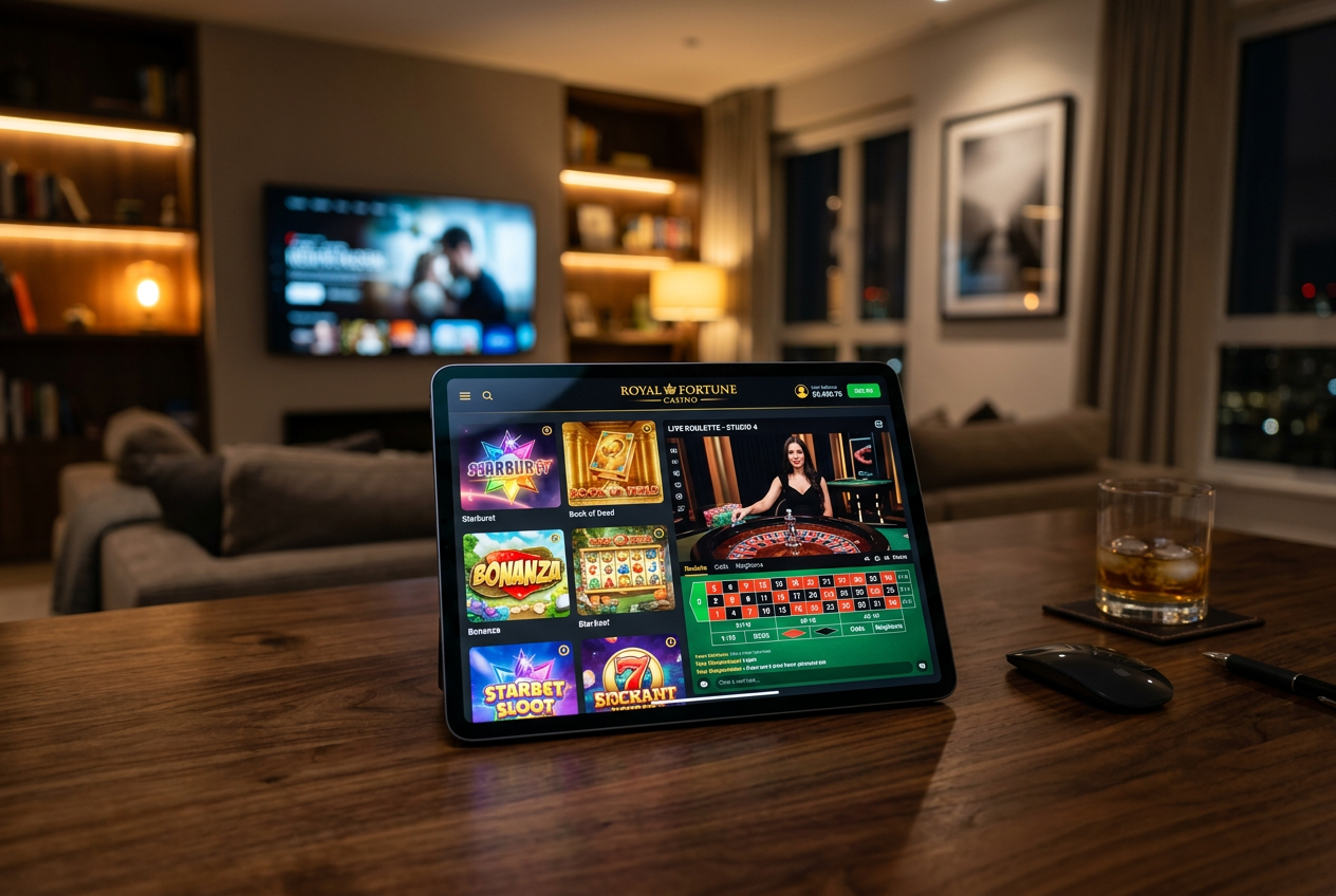 A modern digital tablet displaying a variety of colorful online slot games and a live dealer interface.