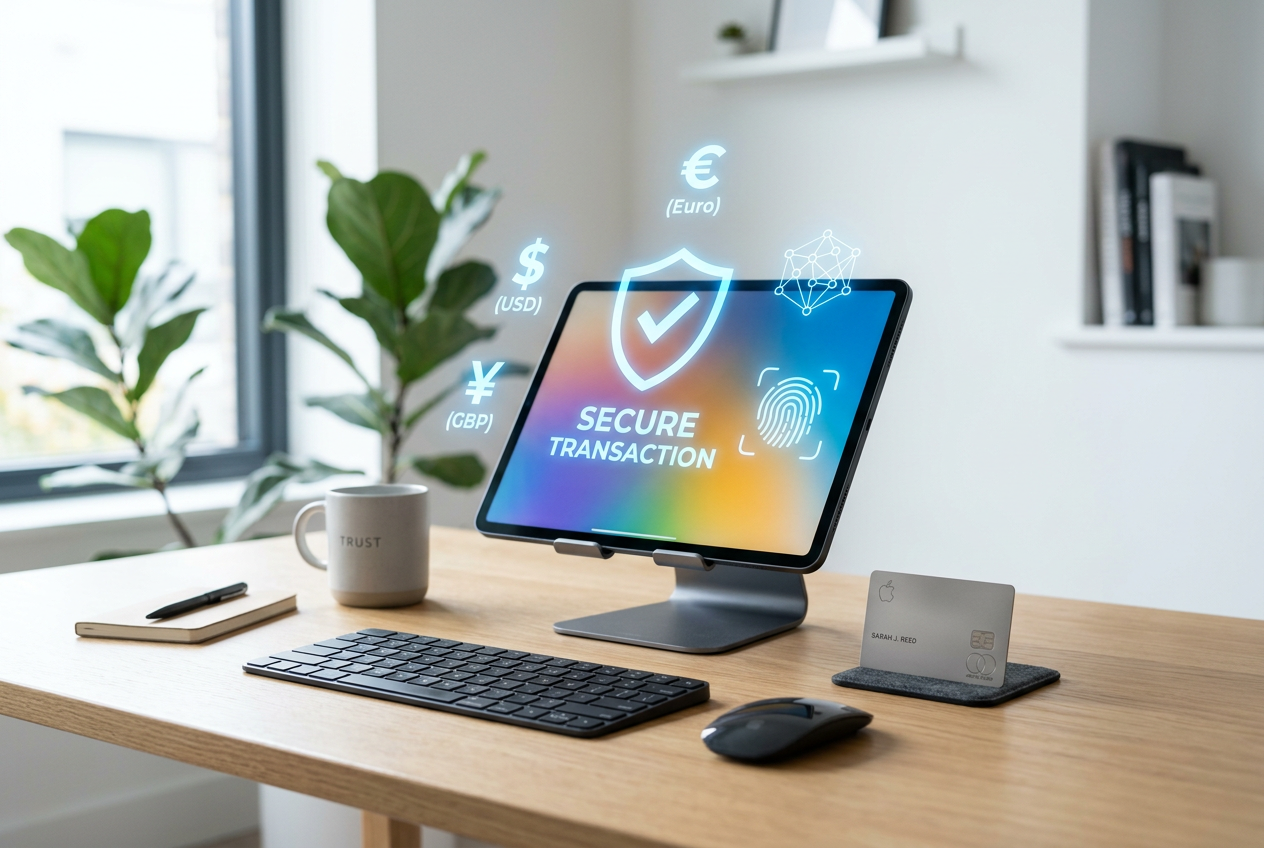 Close-up of secure payment methods and digital safety icons on a modern workspace.