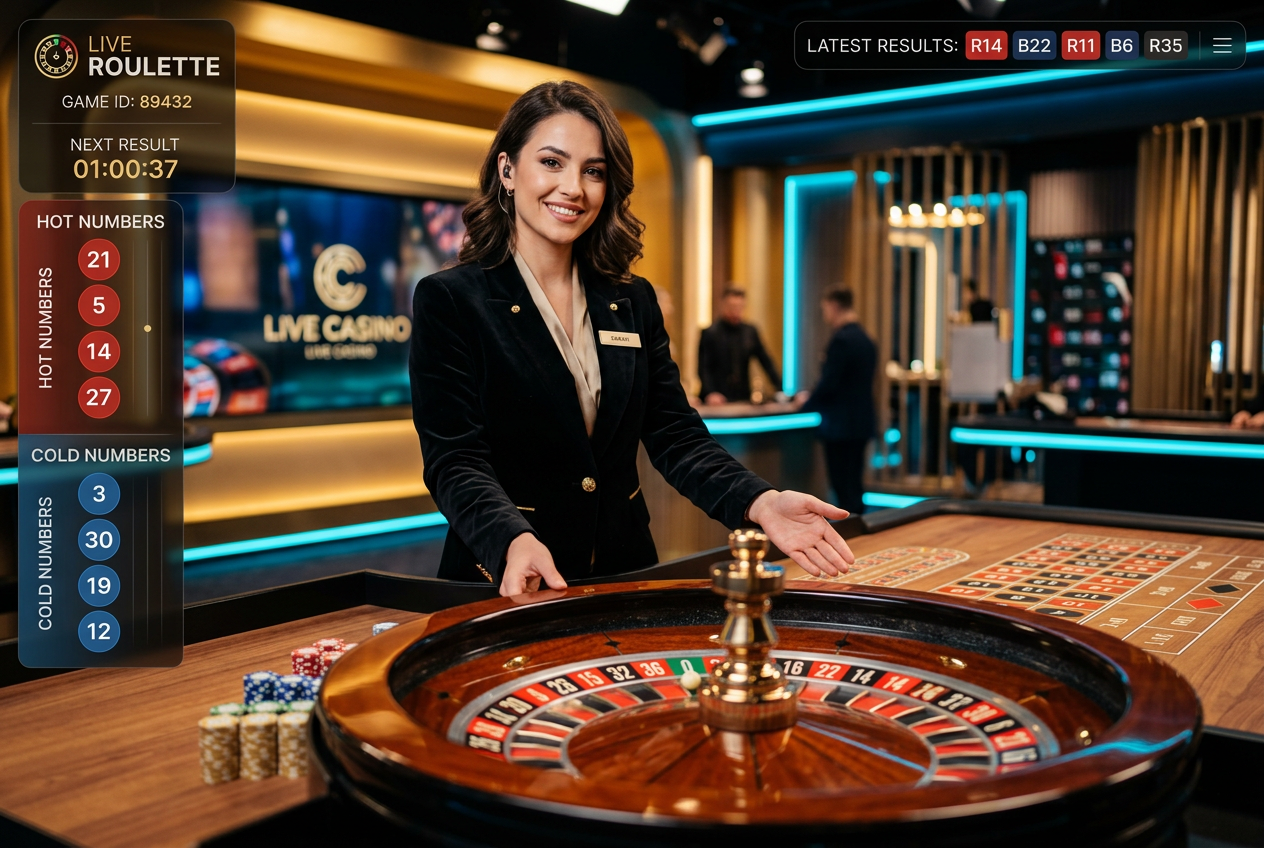A professional live dealer at a luxury roulette table in a modern studio.